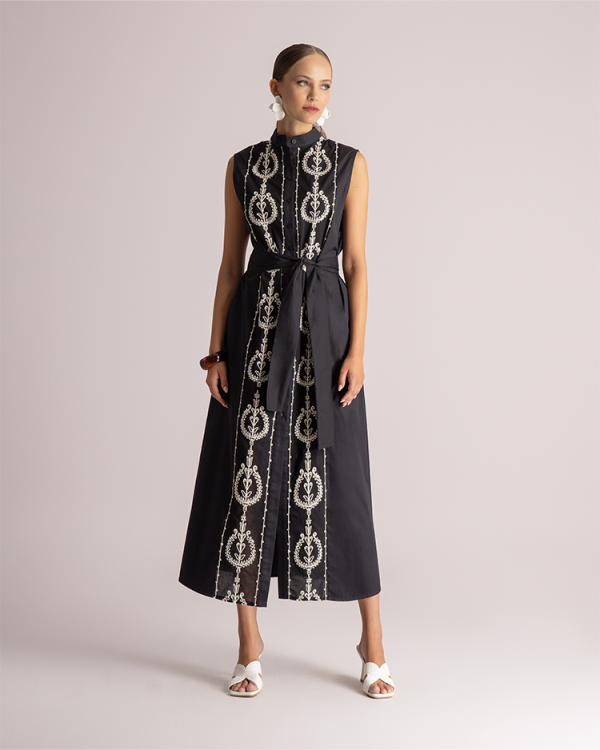 Embroidered sleeveless midi shirt dress with belt - Moutaki