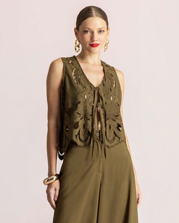 Cropped embroidered vest with tie detail - Moutaki