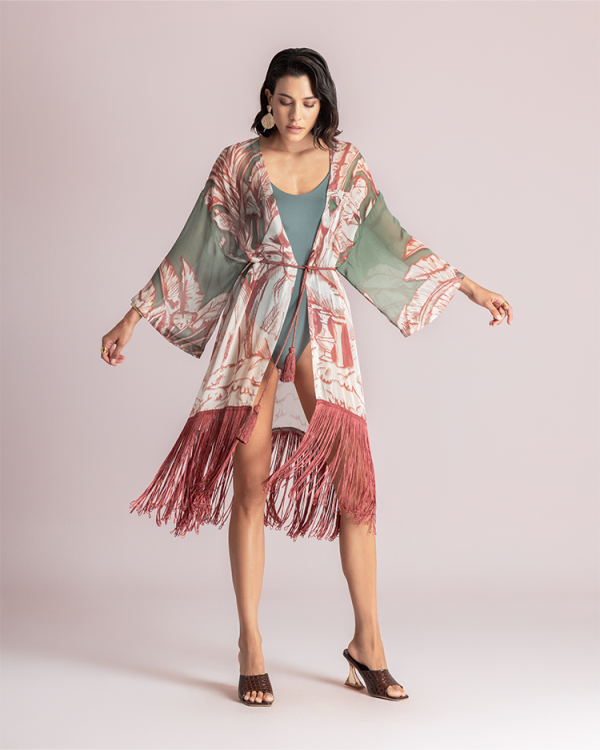 Printed kimono with fringe hem - Moutaki