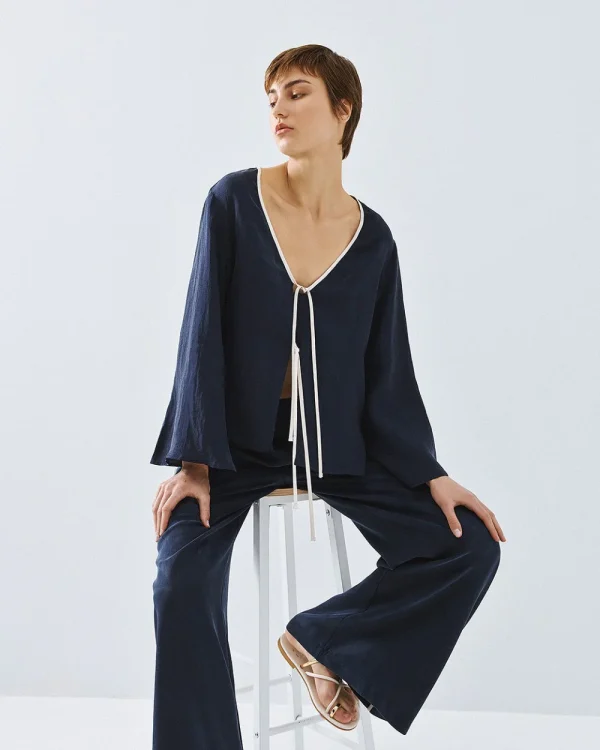 Blouse with trim detailing and tie-up cords - Access Fashion