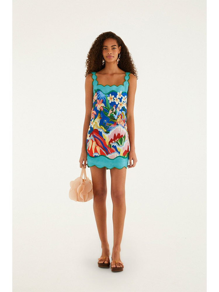 Brouska - FRS26-355532 Multicolor garden of life scarf scallop mini dress - Farm Rio