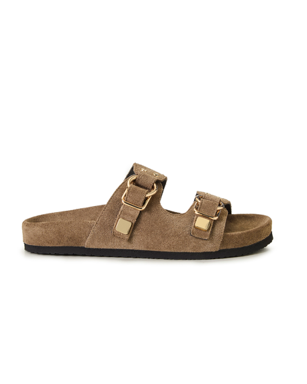 Brouska - Textured gold buckle slide sandals - Makris
