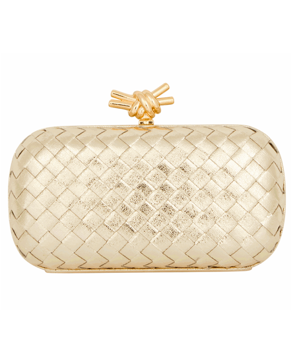 Metallic woven clutch with knot clasp
