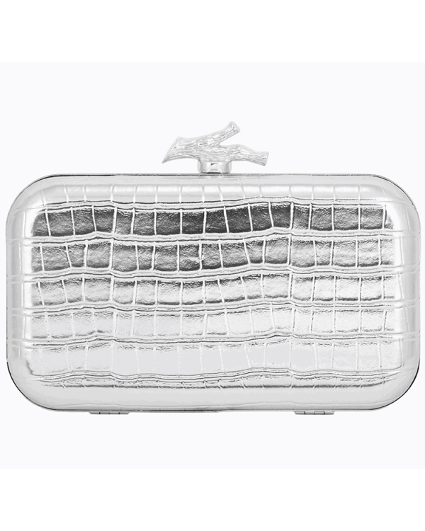 Alternative view of Croc metallic clutch with branch clasp