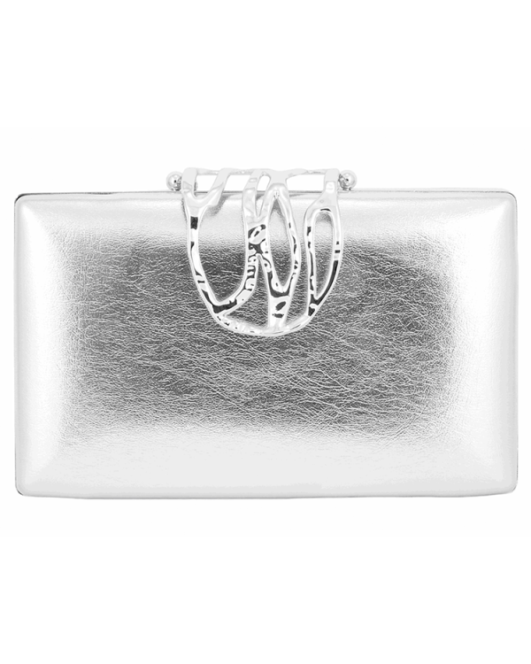Metallic clutch with sculptural handle