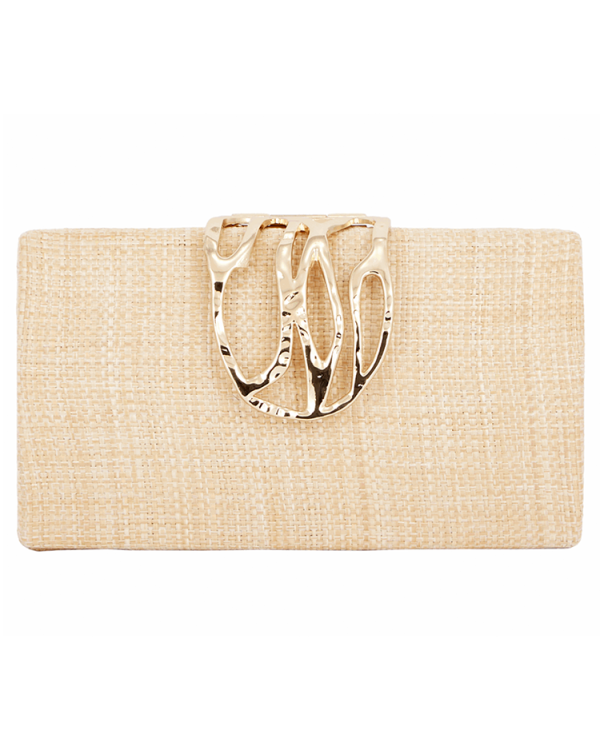 Woven clutch with sculptural gold-tone handle